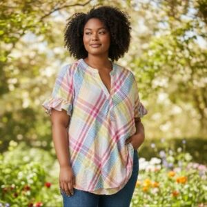 Crown & Ivy Multicolor Plaid Ruffle Sleeve Blouse XXL